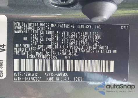 2011 Toyota Venza z USA, uszkodzony, nr VIN 4T3BA3BB3BU020392